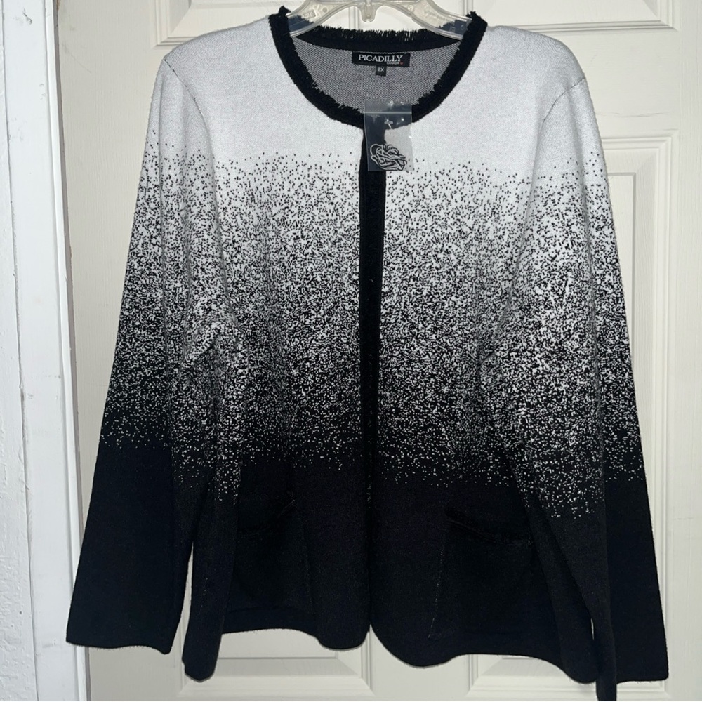 Picadilly Canada Womens 2X open front jacket or cardigan. Black White NWT